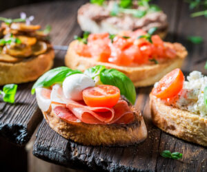 Closeup of crisp mix of bruschetta with fresh ingredients