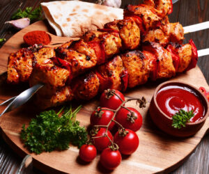 Chicken kebab with spices and vegetables