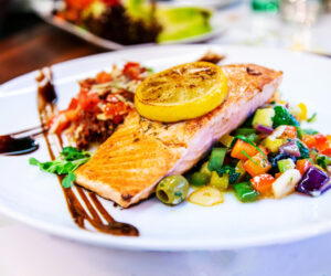 Grilled Salmon with fresh lettuce and mash potatoes